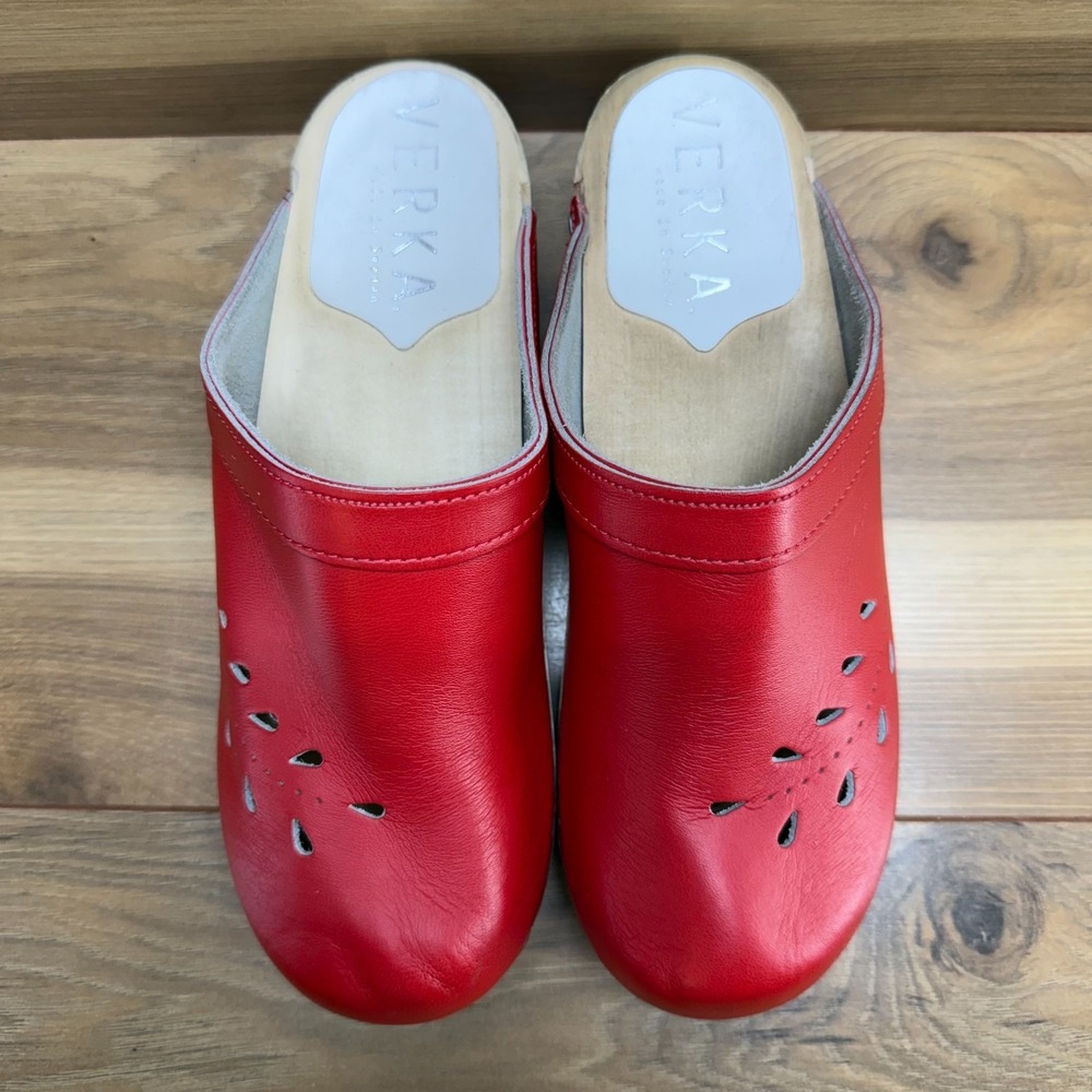 VERKA Blomma Clogs Womens 6 6.5 EU 37 Red Leather Slip On Wooden Cottagecore - Picture 4 of 12